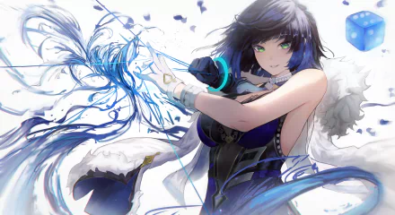 Yelan from Genshin Impact unleashing water abilities in a dynamic 4K Ultra HD PC desktop wallpaper inspired by the video game.