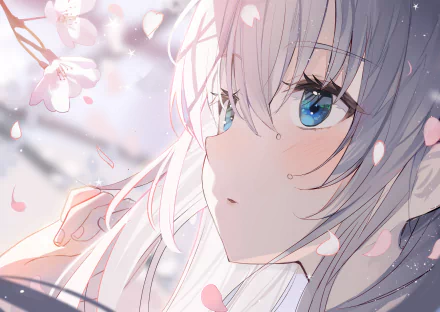 HD anime desktop wallpaper featuring a close-up of a girl with silver hair and striking blue eyes, surrounded by soft pink cherry blossom petals.