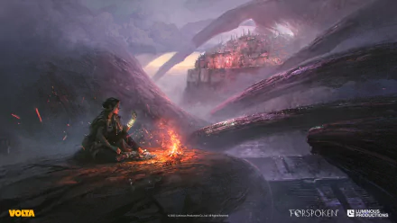 Forspoken video game 4K Ultra HD PC desktop wallpaper: lone protagonist at a campfire on a rocky ledge, misty mountains and a glowing fortress city in the distance under stormy skies.