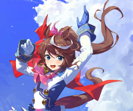 Tokai Teio from Uma Musume: Pretty Derby — energetic anime girl with horse ears in a racing outfit and red ribbons against a blue sky; 2K Quad HD PC desktop wallpaper/background.