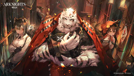 2K Quad HD PC desktop wallpaper and background: Mountain (Arknights), a white tiger operator in a red cloak, stands center with two allies in a lantern-lit interior — cinematic Arknights video game art.