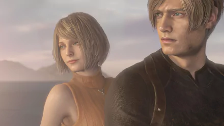 4K Ultra HD Resident Evil 4 (2023) PC wallpaper featuring characters Leon S. Kennedy and Ashley Graham from the video game.