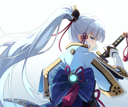 HD PC desktop wallpaper featuring Kamisato Ayaka from the video game Genshin Impact, showcasing her elegant design and icy blue hair against a light background.