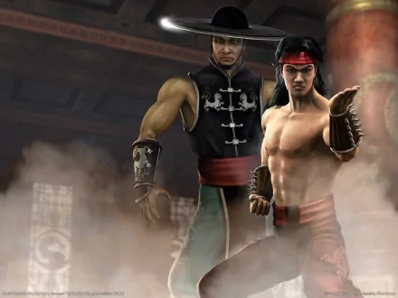 A high-definition desktop wallpaper featuring characters from the video game Mortal Kombat, set against a dynamic, misty background that enhances their fighting poses.