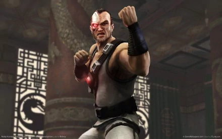 HD PC desktop wallpaper featuring a fierce Mortal Kombat character with a cybernetic eye, posed ready for combat in a dimly lit, atmospheric arena.