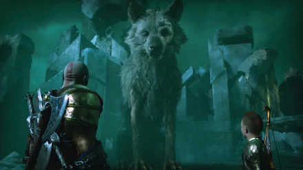 4K Ultra HD PC desktop wallpaper and background from the video game God of War: Ragnarök — Kratos and Atreus confront a towering spectral wolf amid green mist and ruined stone pillars.