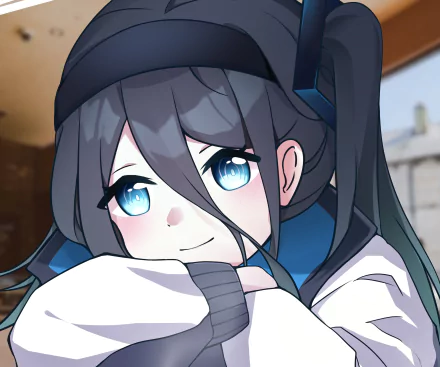 Close-up of Tendou Alice (Blue Archive) smiling with bright blue eyes and dark twin-tails, rendered as a 2K Quad HD PC desktop wallpaper/background.