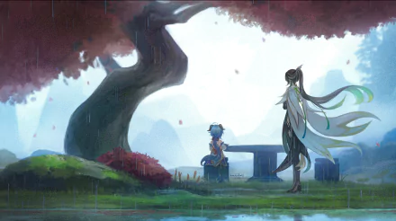 A serene 4K Ultra HD PC wallpaper featuring Cloud Retainer and Ganyu from the video game Genshin Impact beneath a large tree in a misty landscape.