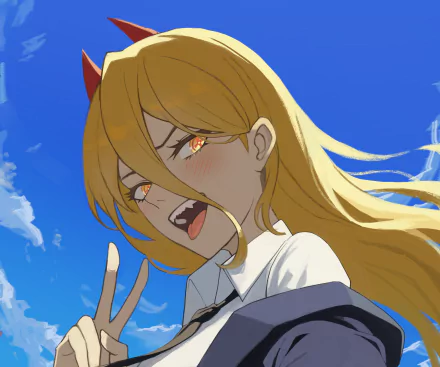 HD PC desktop wallpaper featuring an anime character from Chainsaw Man with long blonde hair, orange eyes, and a playful expression against a bright blue sky.