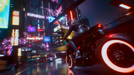 Cyberpunk 2077 sci‑fi 2K Quad HD PC desktop wallpaper and background: neon-lit futuristic city, rain-slick streets, rider on a glowing-wheel motorcycle racing through the night.