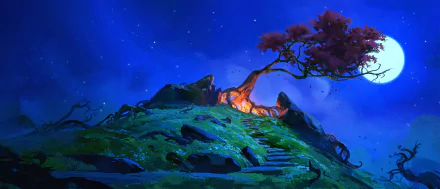 Artistic tree atop a glowing hill under a starry blue sky — vivid 2K Quad HD PC desktop wallpaper/background.
