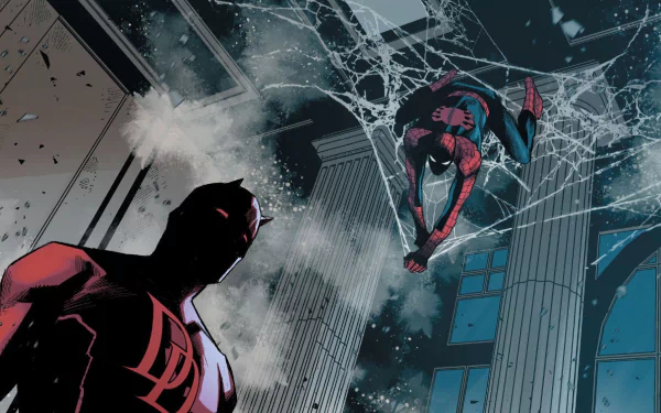 HD PC desktop wallpaper featuring Peter Parker as Spider-Man swinging through a cityscape, with Daredevil watching from below in a dynamic comic art style.