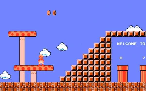 A vibrant HD wallpaper featuring the iconic world of Super Mario Bros., showcasing Mario navigating platforms, collecting coins, and encountering classic game elements.