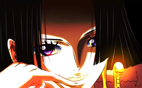 HD anime desktop wallpaper featuring Boa Hancock from One Piece with intense purple eyes and a confident expression against a dark background.