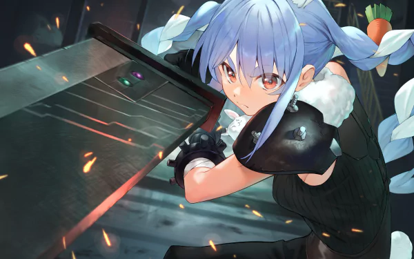 HD anime desktop wallpaper featuring Usada Pekora, the Virtual YouTuber from hololive, poised with her weapon in dynamic action style.