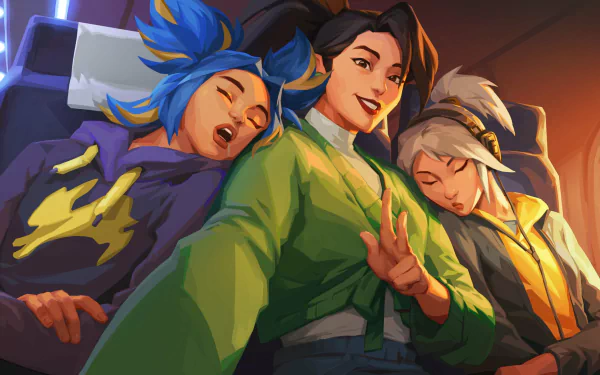 HD Valorant PC wallpaper featuring characters Jett, Sage, and Neon posing together in a relaxed, friendly scene from the video game.