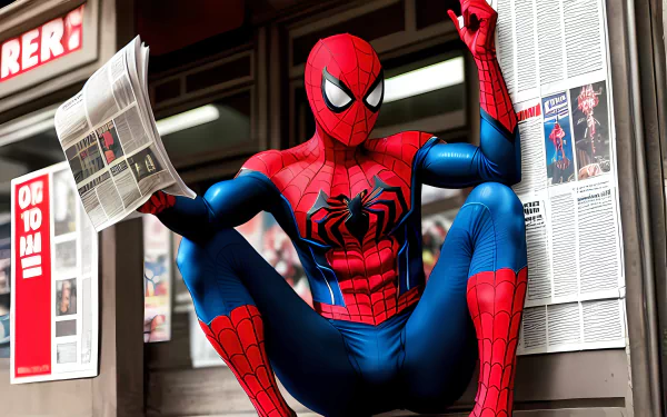 Spider-Man comic styled AI art on newspaper background - HD desktop wallpaper.