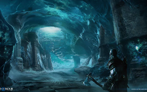 HD PC desktop wallpaper/background for the video game God of War: Ragnarök — Kratos, axe in hand, watches a glowing turquoise ice cavern opening to a stormy sky and swirling sea of light.
