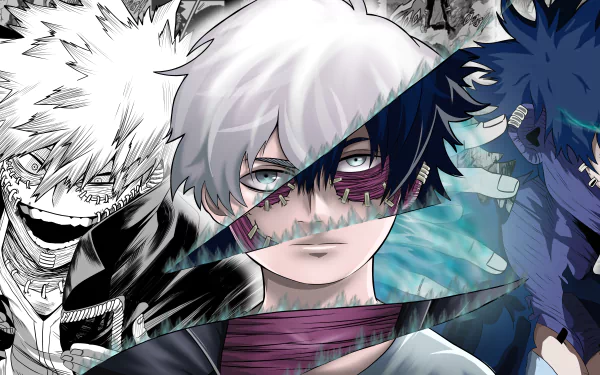 An 8K Ultra HD PC wallpaper featuring Dabi from My Hero Academia, showcasing dynamic black, white, and blue anime-style artwork.