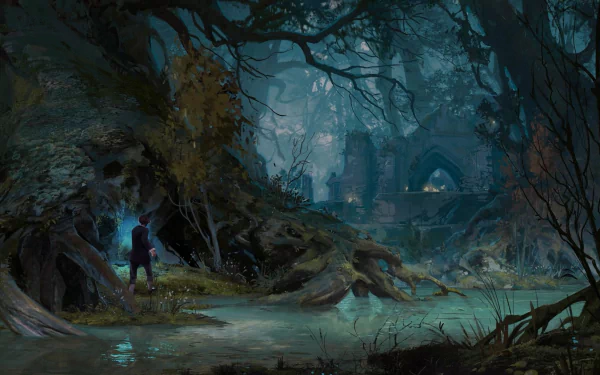 Hogwarts Legacy HD PC desktop wallpaper: lone student with wand in a misty, moonlit forest clearing by ancient stone arches and castle ruins.