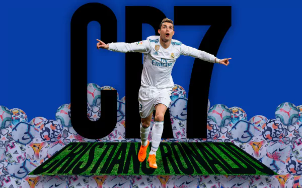 Cristiano Ronaldo in Real Madrid C.F. kit celebrating, with CR7 and his name in bold, set against a colorful football-themed 4K Ultra HD background.