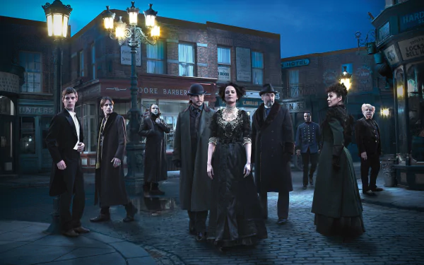 A HD desktop wallpaper and background featuring characters from the TV show Penny Dreadful, set against a dimly lit Victorian street with gas lamps illuminating the town.