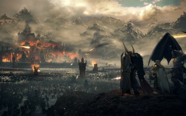 4K Ultra HD PC wallpaper featuring an epic battlefield scene from the video game Total War: Warhammer III, with dark warriors overlooking a fiery war-torn fortress.