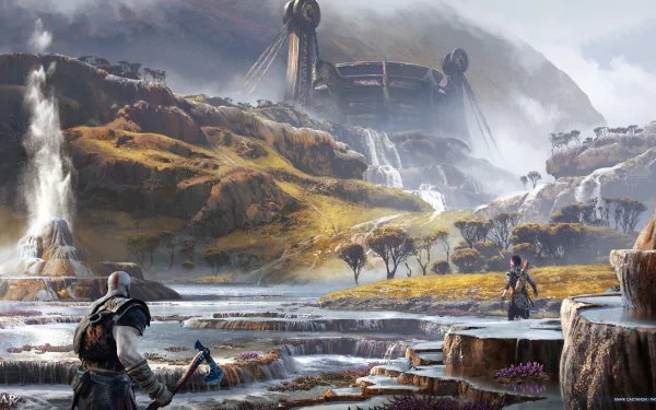 God of War: Ragnarök 2K Quad HD PC desktop wallpaper — Kratos and Atreus traverse terraced waterfalls and rocky plains, gazing toward a distant towering fortress beneath a stormy, mist-shrouded sky.