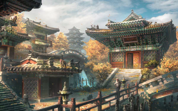 HD PC desktop wallpaper/background: fantasy temple complex with ornate multi-tiered pagodas, stone bridge, autumn foliage and misty mountains.