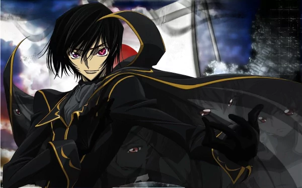 A striking HD wallpaper featuring Lelouch Lamperouge from the anime Code Geass, showcasing his iconic pose and dramatic attire against a dynamic background.