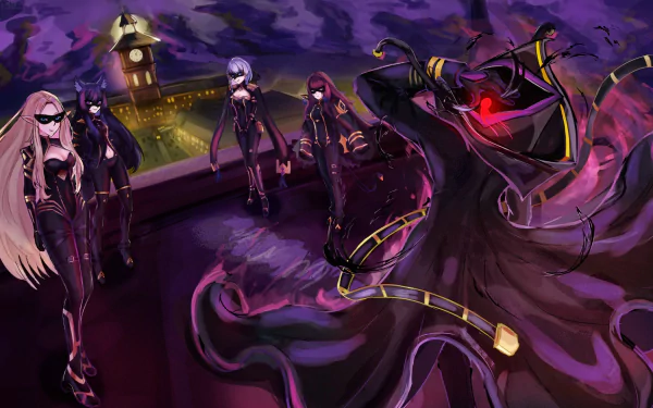 HD anime desktop wallpaper featuring Cid Kagenou, Alpha, Beta, Delta, and Eta from The Eminence in Shadow standing on a rooftop under a dark, ominous sky.
