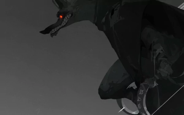 HD PC desktop wallpaper featuring the dark, menacing Wolf from the movie Puss in Boots: The Last Wish with glowing red eyes against a shadowy background.
