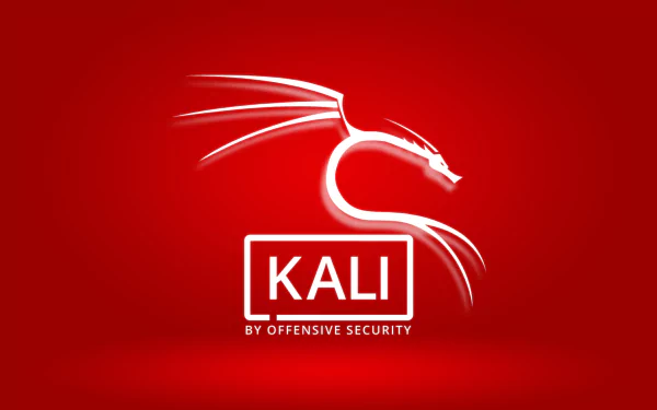 HD desktop wallpaper featuring the Kali Linux logo—a stylized white dragon on a red background—representing technology and offensive security.
