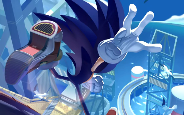 HD PC desktop wallpaper featuring Sonic the Hedgehog in a dynamic pose against a vibrant, futuristic cityscape from the video game series.
