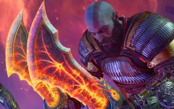 2K Quad HD wallpaper of Kratos from the video game God of War: Ragnarök, crouched wielding the fiery Blades of Chaos in detailed armor against a stormy red-purple backdrop.