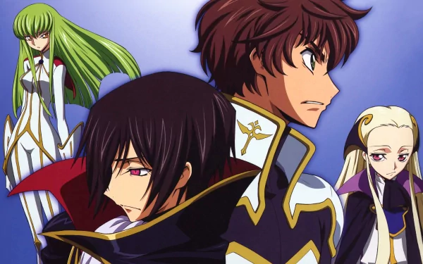 4K Ultra HD Code Geass anime wallpaper featuring characters V.V., Lelouch Lamperouge, Suzaku Kururugi, and C.C. against a soft blue background.