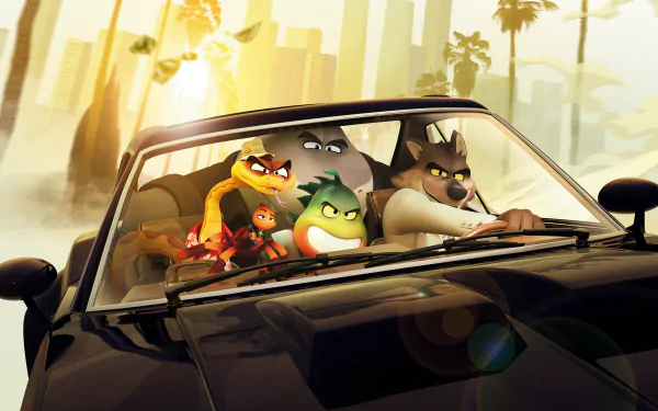 4K Ultra HD PC desktop wallpaper/background from the movie The Bad Guys: animated animal heist crew driving a black car through a sunlit cityscape.