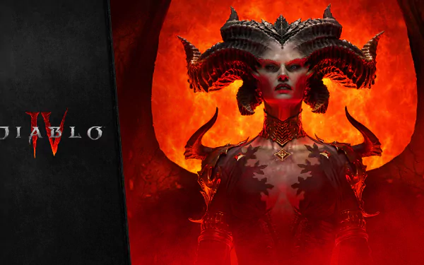 HD desktop wallpaper featuring the Diablo IV logo with a menacing, red-toned character donning an elaborate horned headdress, embodying the dark fantasy theme of the game.