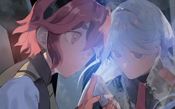 HD PC desktop anime wallpaper: Suletta Mercury from Mobile Suit Gundam: The Witch from Mercury, close-up facing a glassy reflection bathed in moody blue light.