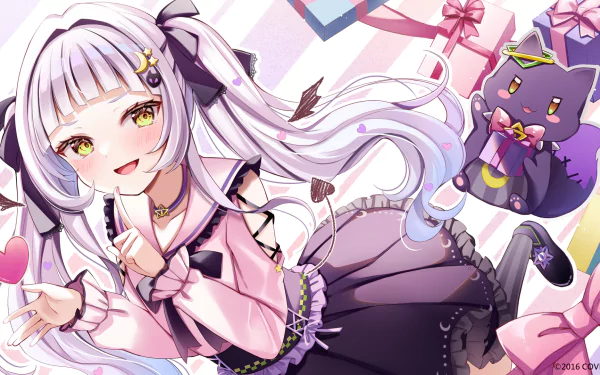 HD PC desktop wallpaper of hololive Virtual YouTuber Murasaki Shion — cheerful anime girl with long lavender hair, frilly pink-and-black outfit and a purple cat plush on a colorful background.