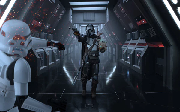 4K Ultra HD wallpaper of The Mandalorian from the TV show, standing in a futuristic corridor aiming a blaster at approaching stormtroopers.