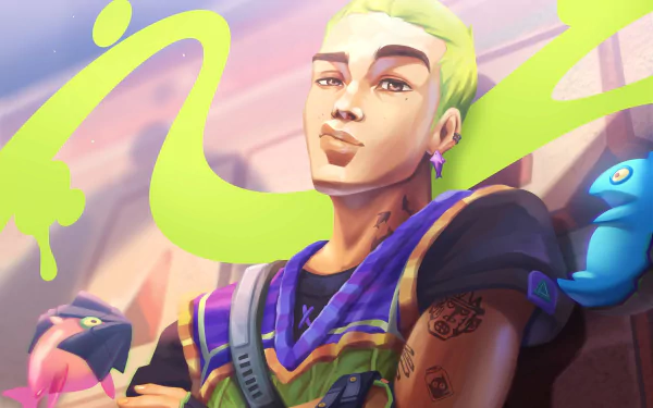 HD PC desktop wallpaper of Gekko (Valorant) from the video game Valorant — vibrant close-up with lime-green hair, tattoos, tactical gear and small companion creatures against a colorful background.