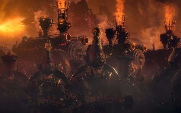 4K Ultra HD PC desktop wallpaper from the video game Total War: Warhammer III — helmeted soldiers and towering war machines looming amid fire and smoke.