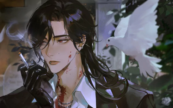 HD anime wallpaper featuring a dark-haired anime boy with a cigarette, wearing a suit, and a white dove flying nearby in a moody, detailed background.