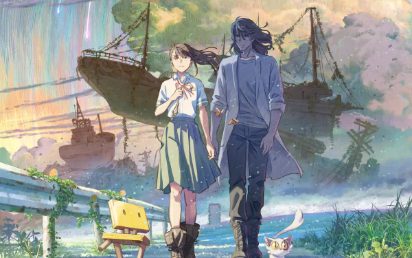 4K Ultra HD anime wallpaper featuring Souta Munakata and Suzume Iwato from Suzume no Tojimari, walking along a misty dock with boats and an atmospheric sky.