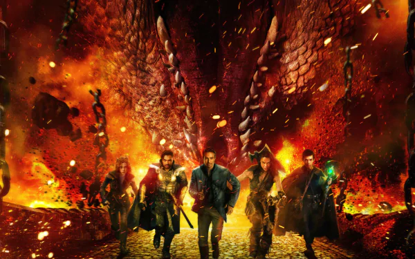 Dungeons & Dragons: Honor Among Thieves HD PC desktop wallpaper: five adventurers stride forward beneath a towering dragon amid a blazing, molten battlefield.