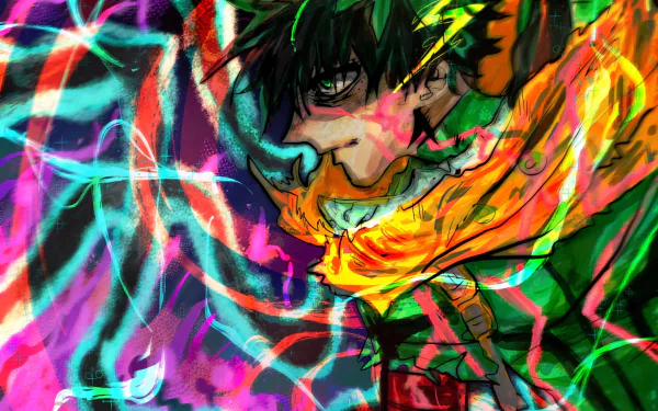 Dark Deku from My Hero Academia — neon-drenched, torn-mask close-up with crackling lightning; HD anime PC desktop wallpaper and background.