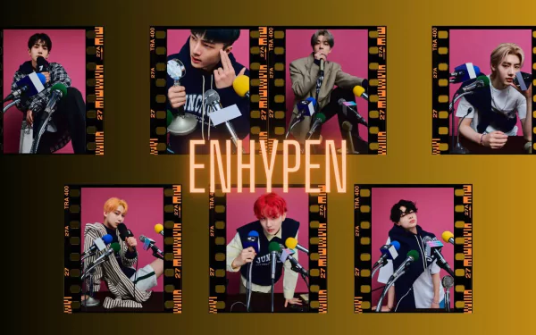HD PC desktop wallpaper: seven stylized portrait frames surrounding a bold ENHYPEN logo on a warm gradient background, music-themed K-pop aesthetic.