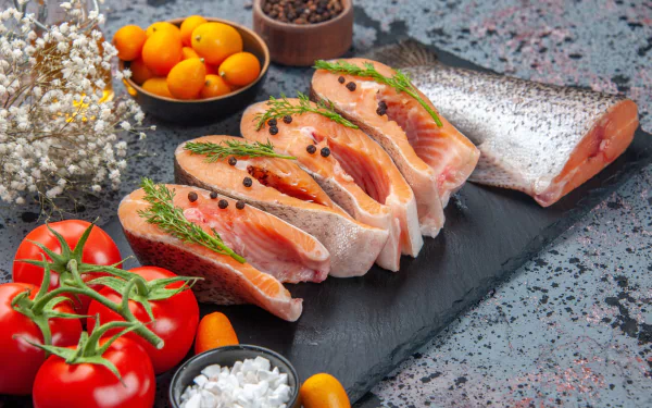 5K Ultra HD PC desktop wallpaper: sliced raw salmon on a slate board with tomatoes, kumquats, sea salt and herbs — food, fish background.