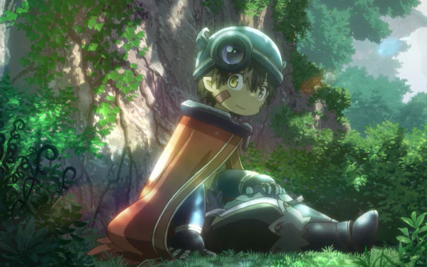 HD anime desktop wallpaper featuring Reg from Made in Abyss sitting in a sunlit forest with detailed foliage and soft lighting.